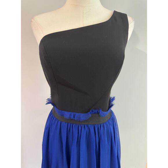 Jay Godfrey Black and Blue Color Block One Shoulder Silk Cocktail Dress Size 2 - Picture 3 of 5